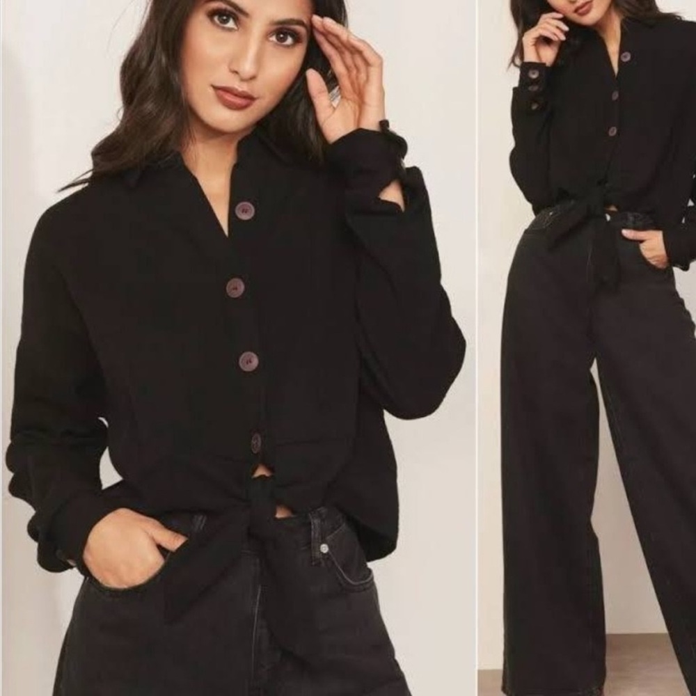 Free People Sunstreaks Black Top Cotton Tie Front Large